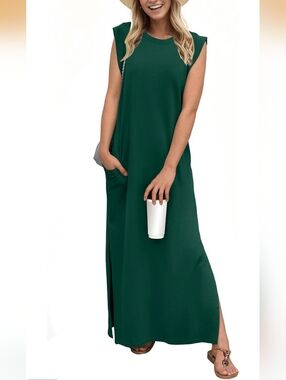 Sleeveless Dark Green Maxi Dress with Side Slit and Pocket